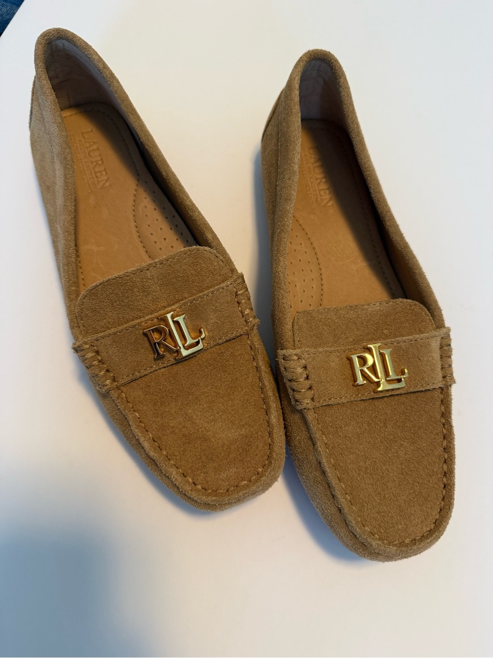 Lauren Ralph Lauren Camel Suede Loafers with Gold RLL Accent